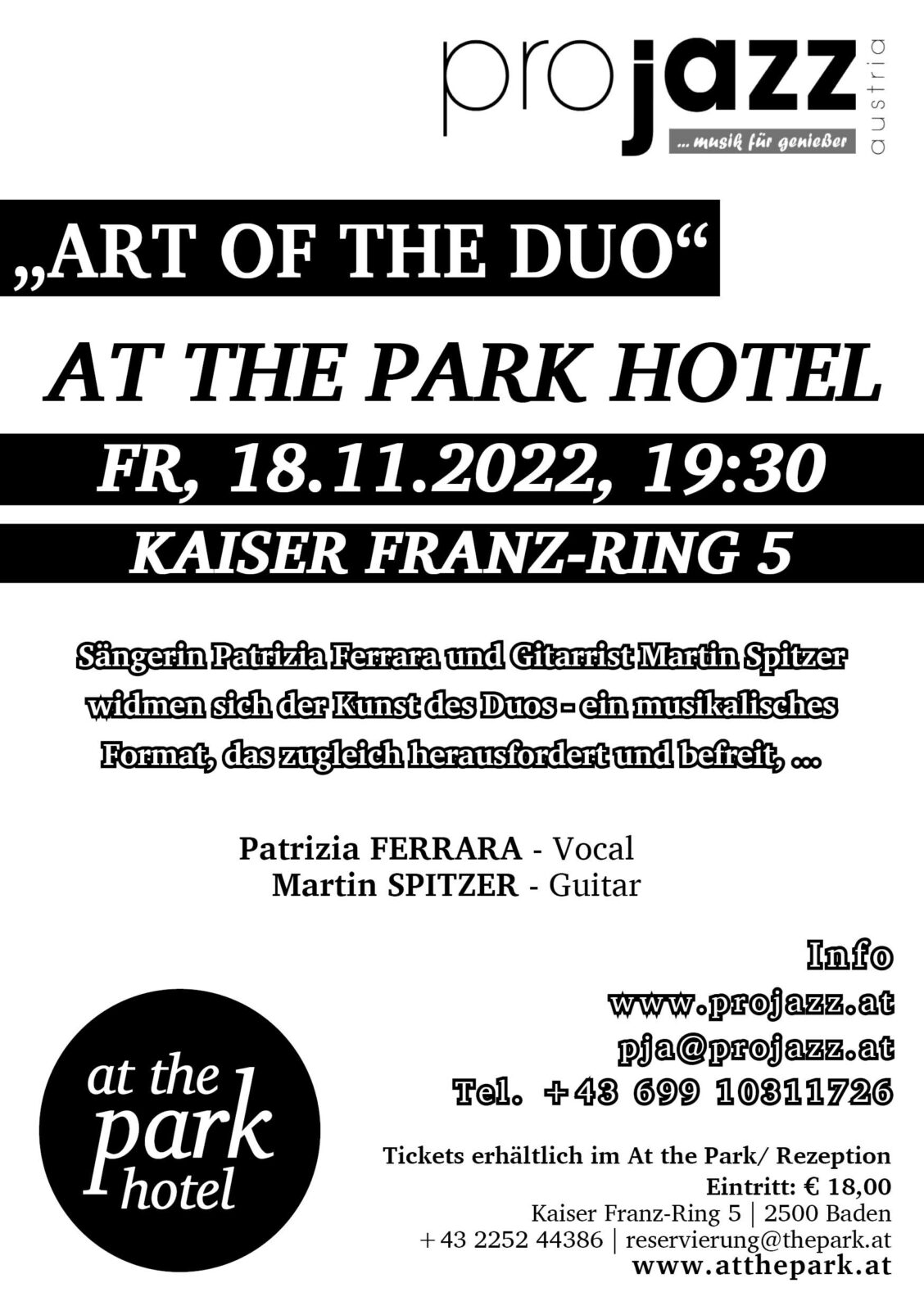 Verein Pro Jazz Austria Live Konzert mit „Art of the Duo“ im At the Park Hotel!
