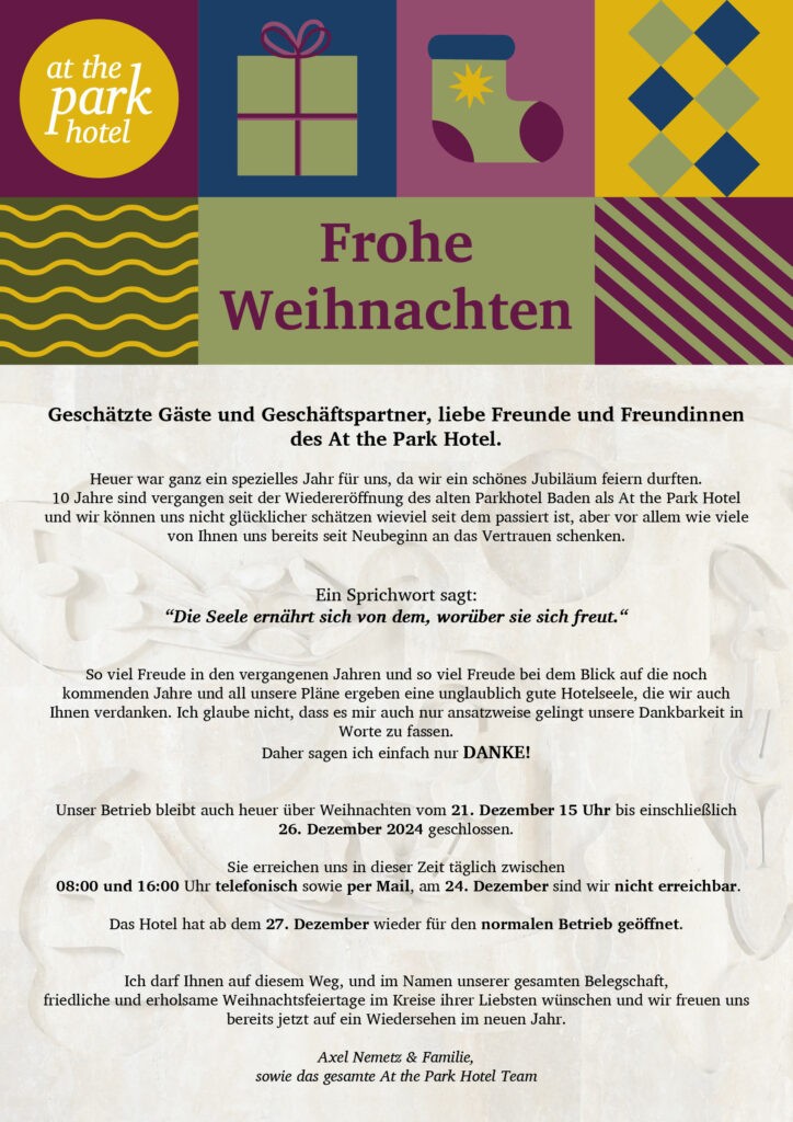 Frohe Weihnachten & ein gutes neues Jahr | At the Park Hotel
